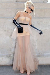 Robe de soirée longue bustier à basque en maille à pois vintage - Kaki